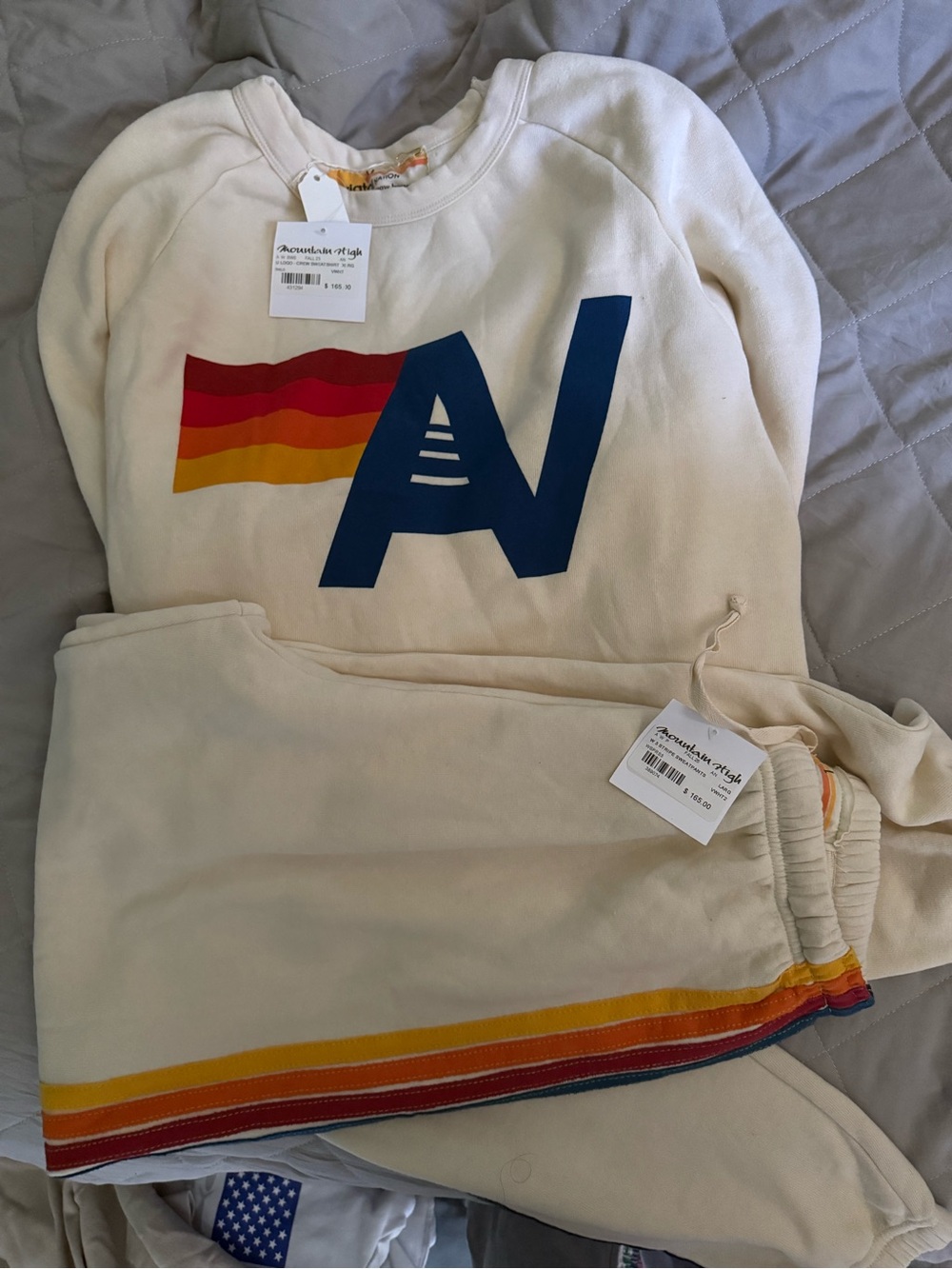 Aviator Nation Cream Sweatshirt & Jogger Set with Navy Logo and Rainbow Stripes